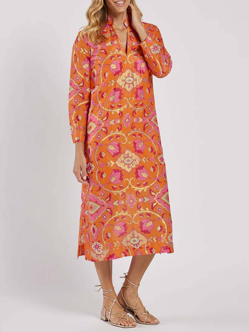 Stehkragen-Midikleid mit Print