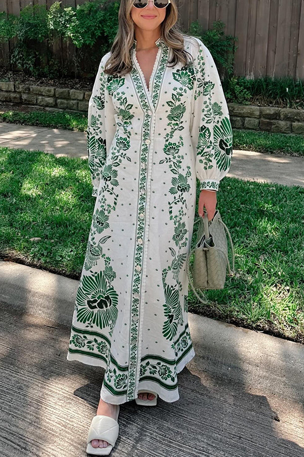 Einzigartiges bedrucktes Hemdblusenkleid mit langen Ärmeln und Maxilänge