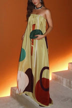 Miss Me Satin Einzigartiges bedrucktes schulterfreies, lockeres Maxikleid mit Taschen