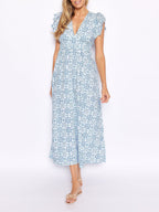 Blaues Medaillon Maxikleid mit V-Ausschnitt und Flügelaermeln