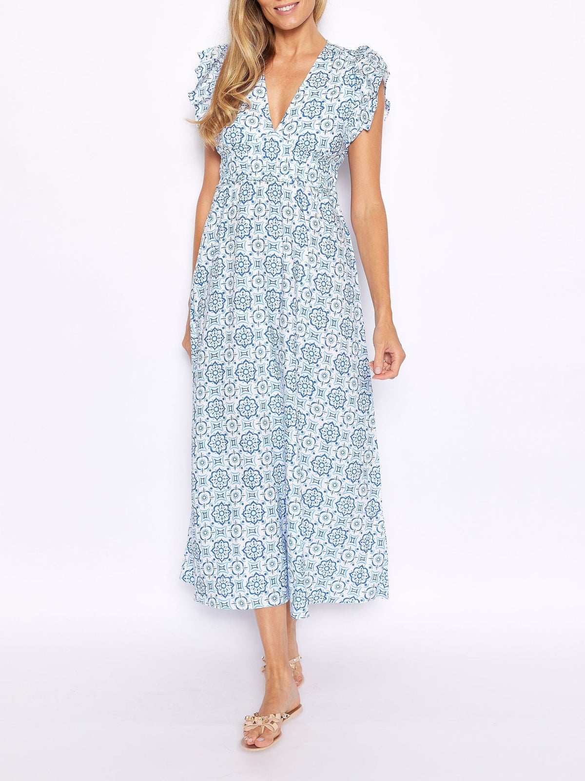 Blaues Medaillon Maxikleid mit V-Ausschnitt und Flügelaermeln
