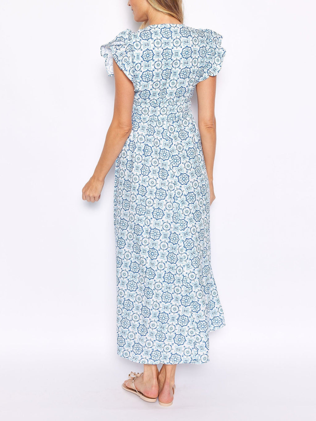 Blaues Medaillon Maxikleid mit V-Ausschnitt und Flügelaermeln